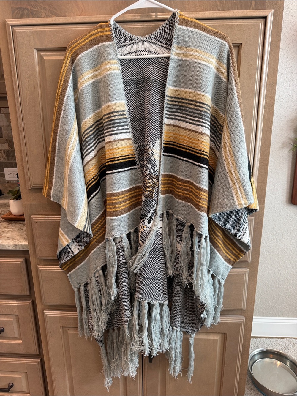 Striped Fringe Knit Poncho in Light gray, mustard, black.  Brand new